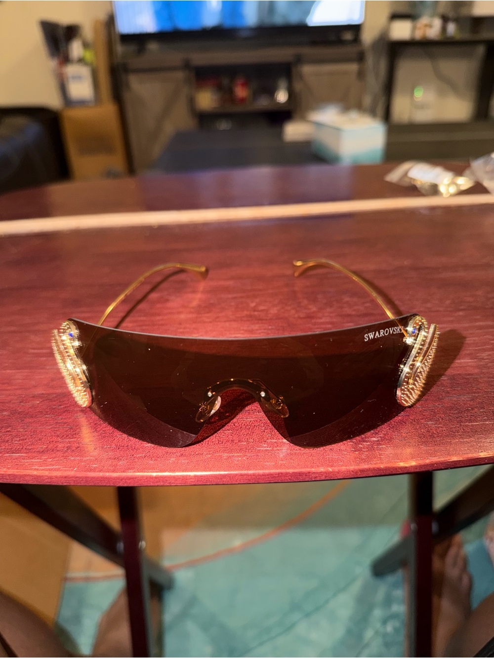 Swarovski Dark Brown Swan Mask Sunglasses with Gold Crystal Temples